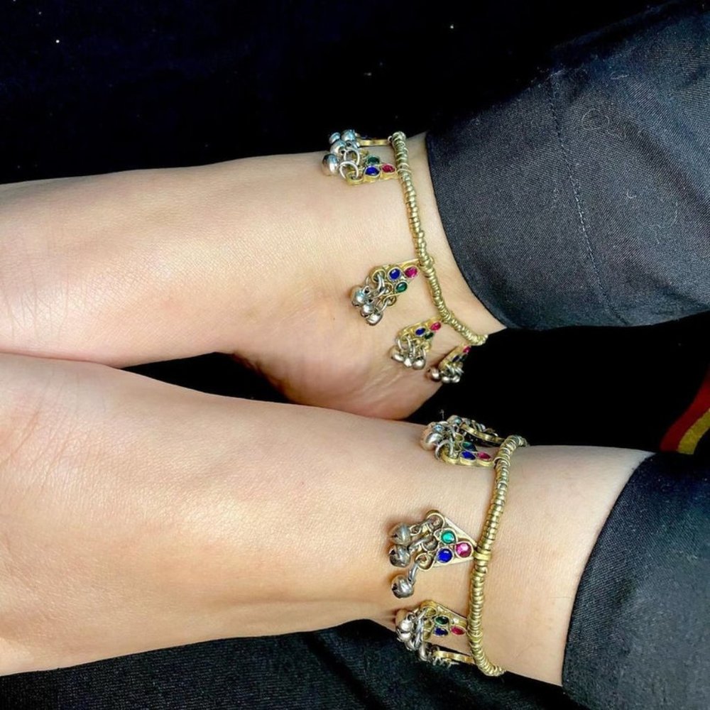 Afghan Glass Stone Anklets: Tribal Boho Bells, Pair